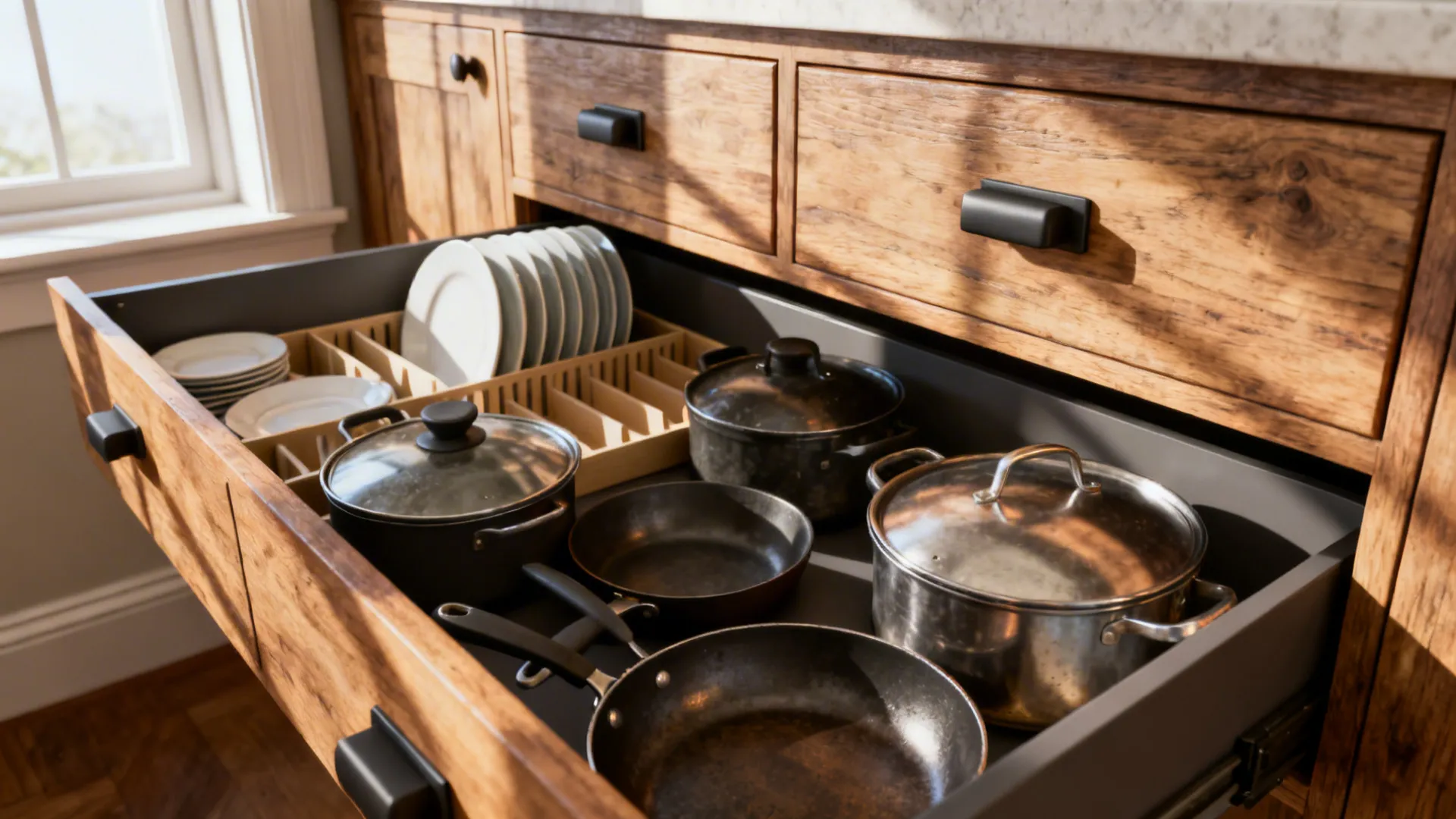 Open deep kitchen drawers showing organized pots and custom dividers for plates and lids