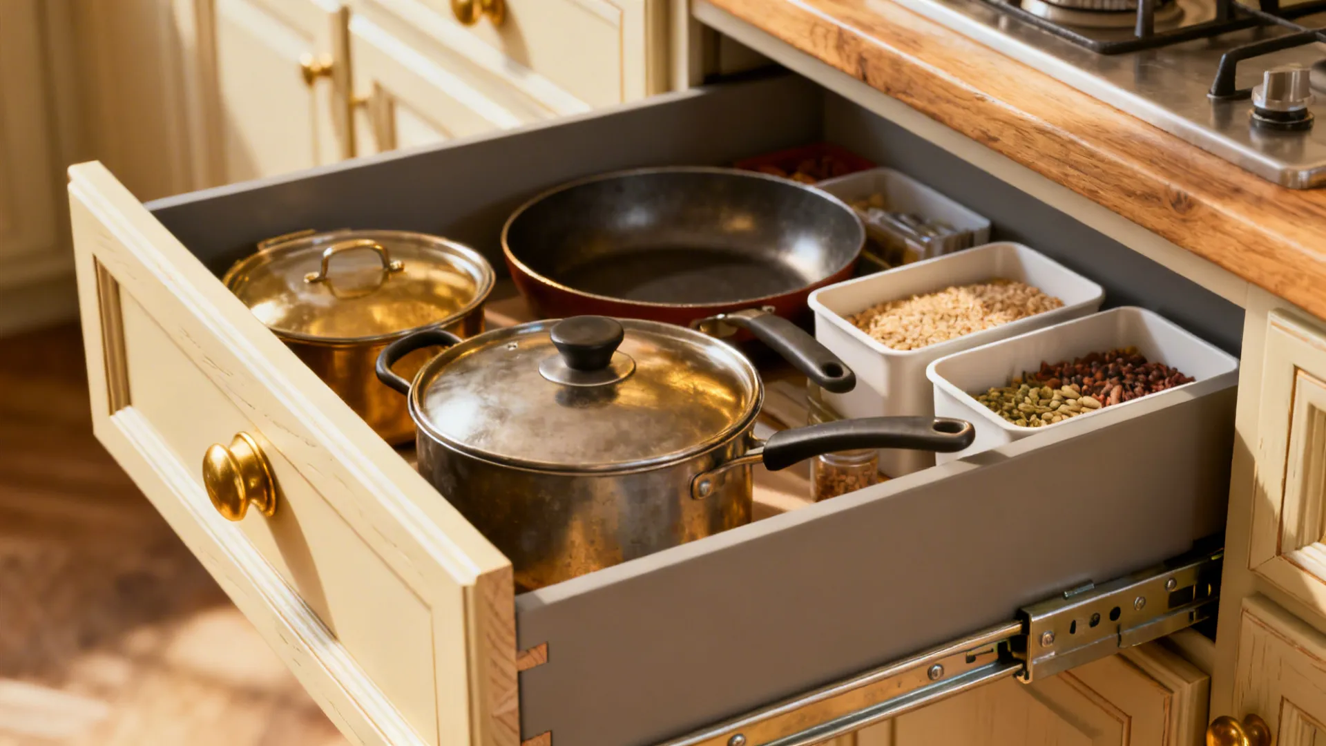 Close-up of deep pull-out kitchen drawers with organized pots and pantry bins