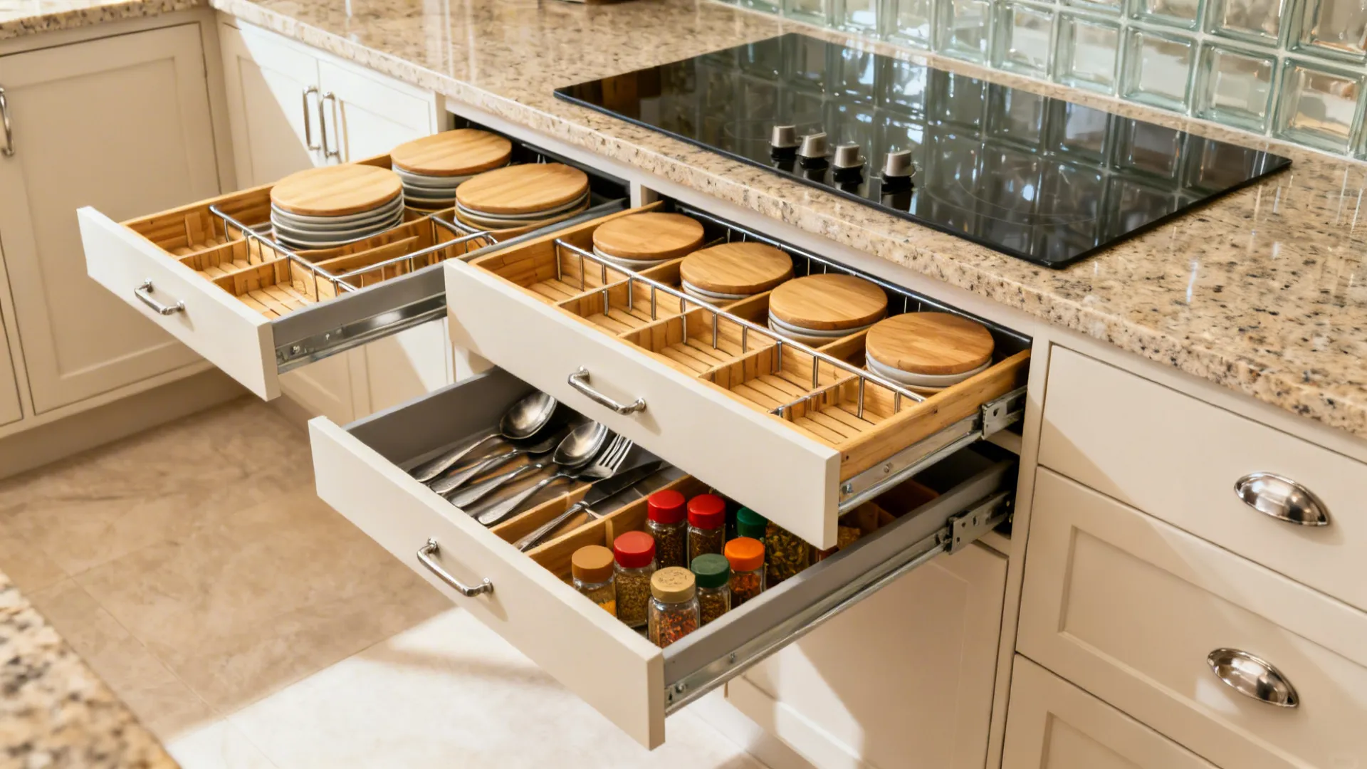 Deep kitchen drawers with dividers and inner drawers for spices and cutlery