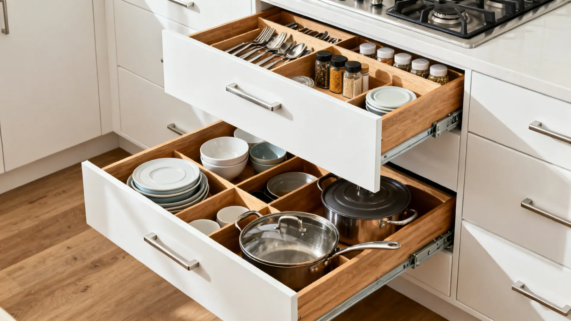 Macro of full-extension kitchen drawers with organized inserts for cutlery, spices, bowls, and cookware.