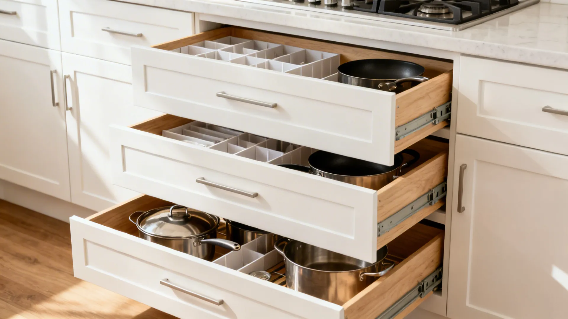 Base cabinets with deep drawers open to reveal organized cookware with dividers.