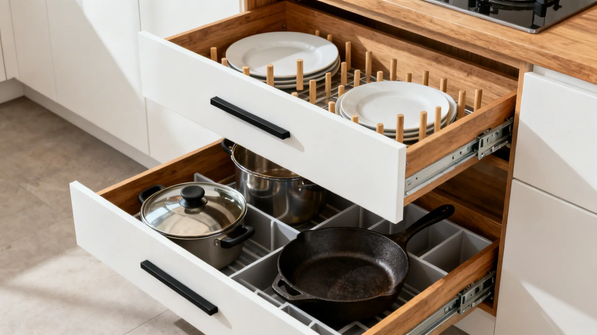 Deep kitchen drawers with peg-organized plates and neatly divided pots and lids.