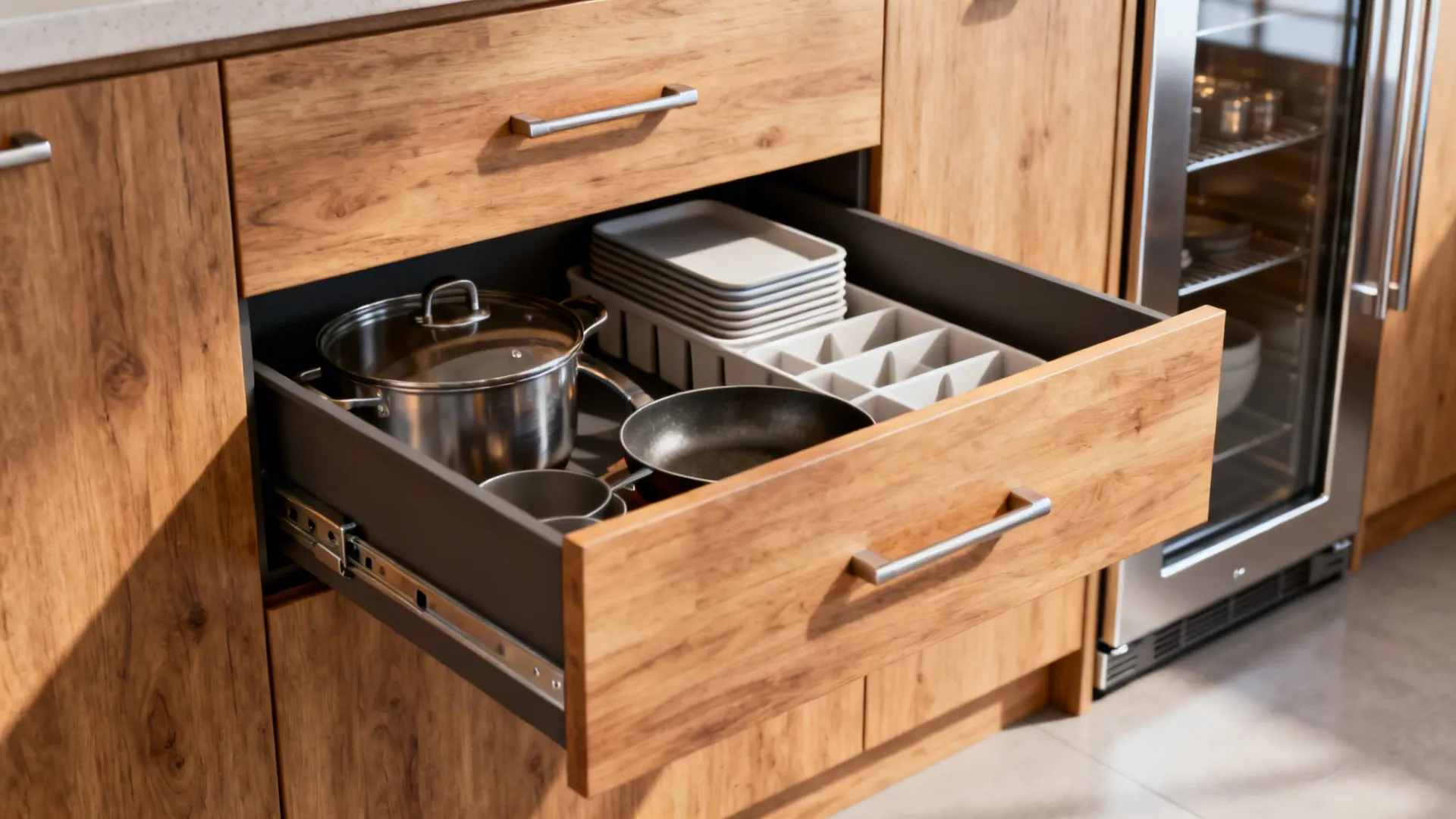 Open deep drawers packed with organized pots and a slim built-in fridge beside them.