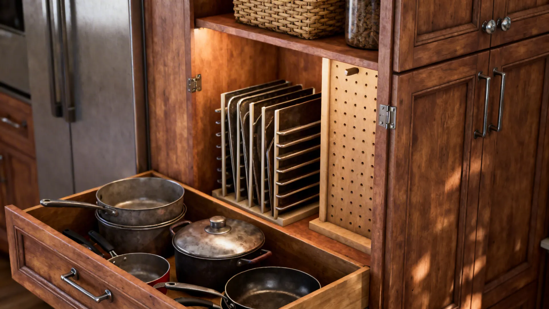 Deep pull-out kitchen drawers and tall cabinet with vertical dividers and pegboard storage