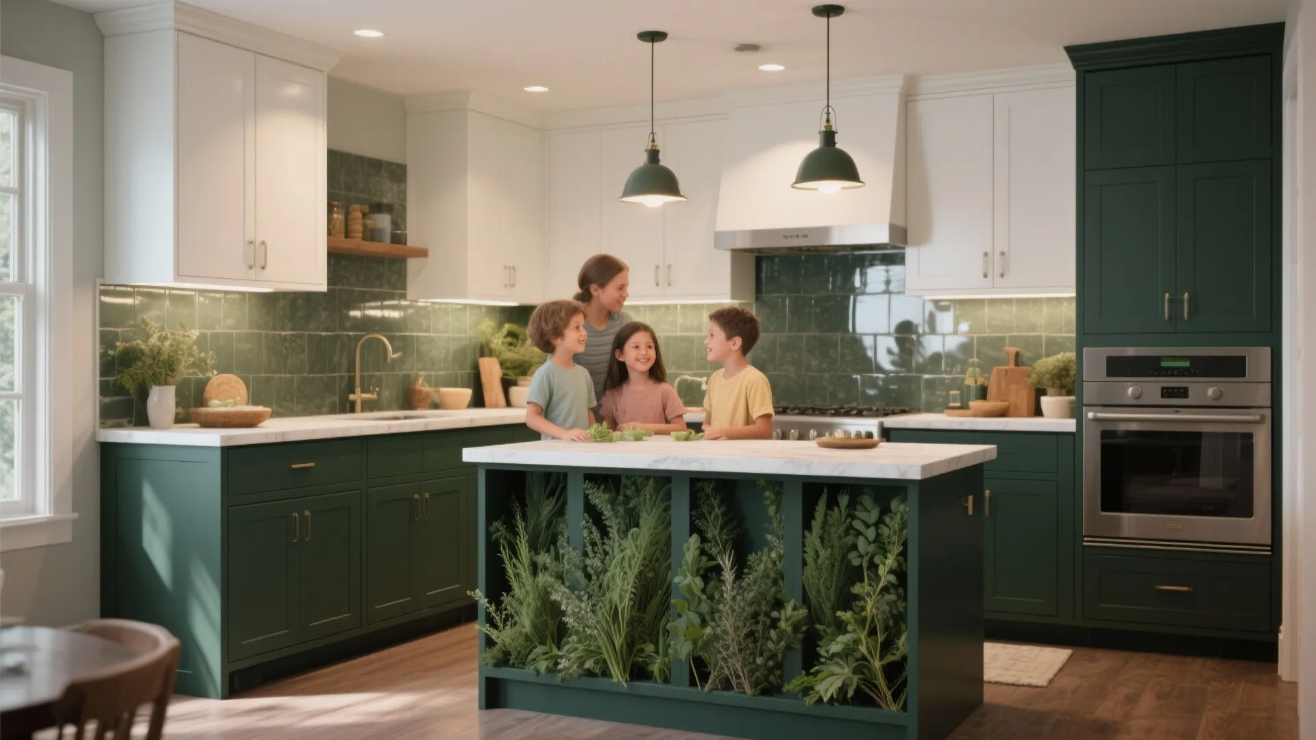 3. Deep, earthy sage as an accent lower cabinet