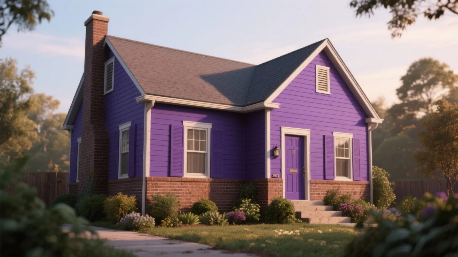 Purple house with brick walls grey roof chimney and a front garden during the daytime