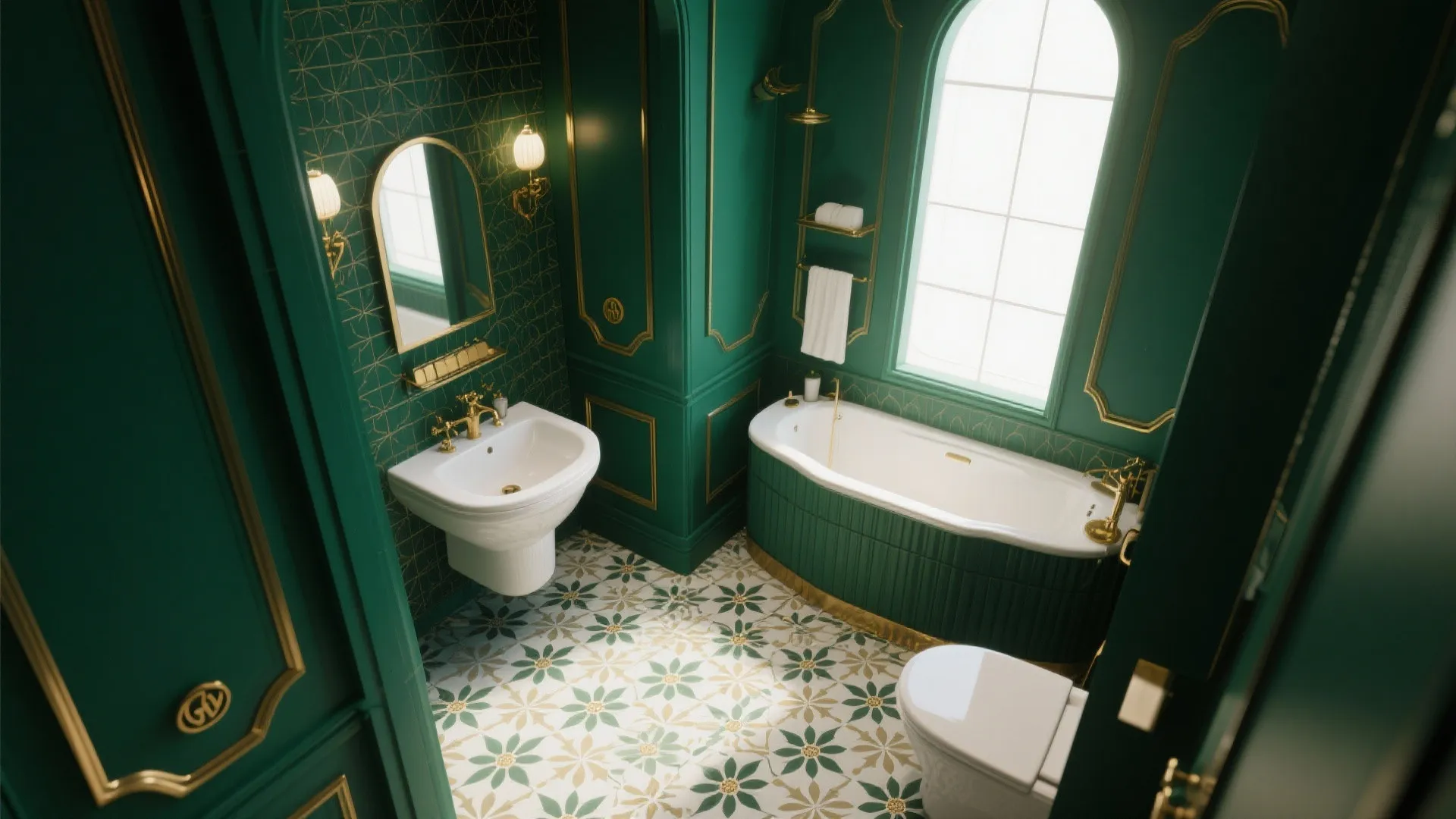 Luxury green bathroom with gold faucet white sink bathtub toilet patterned floor tiles and natural light