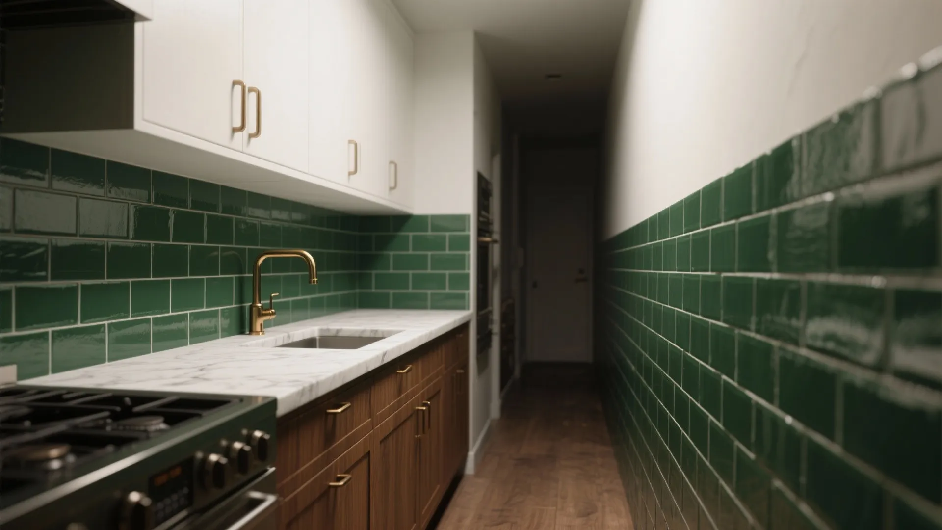 Modern narrow kitchen with green wall tiles white cabinets wood lower cabinets and marble counter top