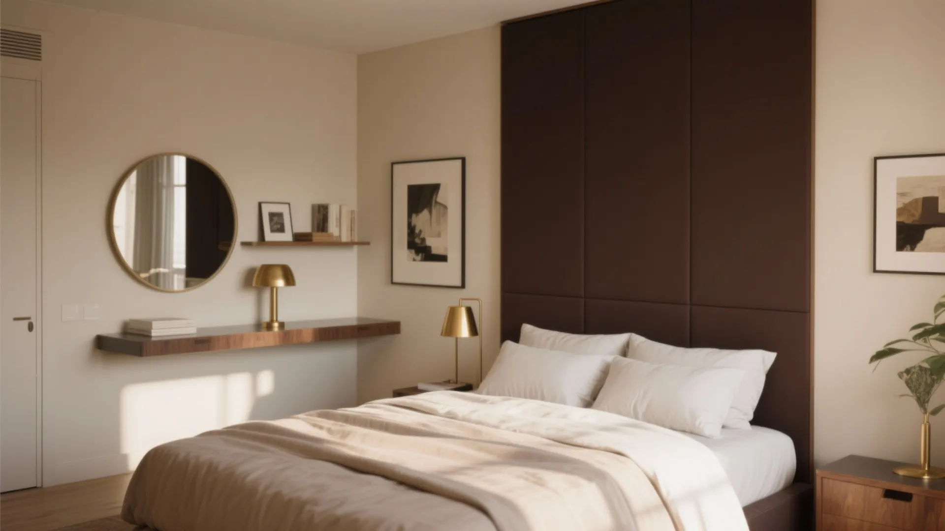 Bedroom with a deep espresso accent wall behind the bed balanced by light linens and reflective accents.