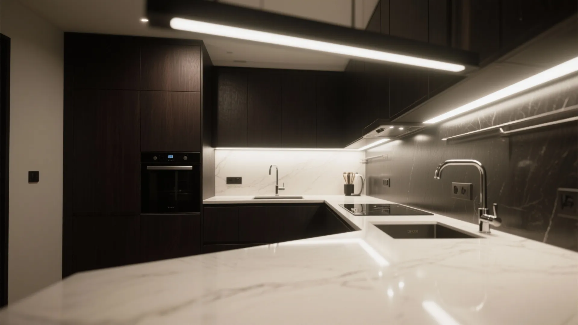 Small kitchen with deep espresso cabinets and light reflective countertops for dramatic contrast
