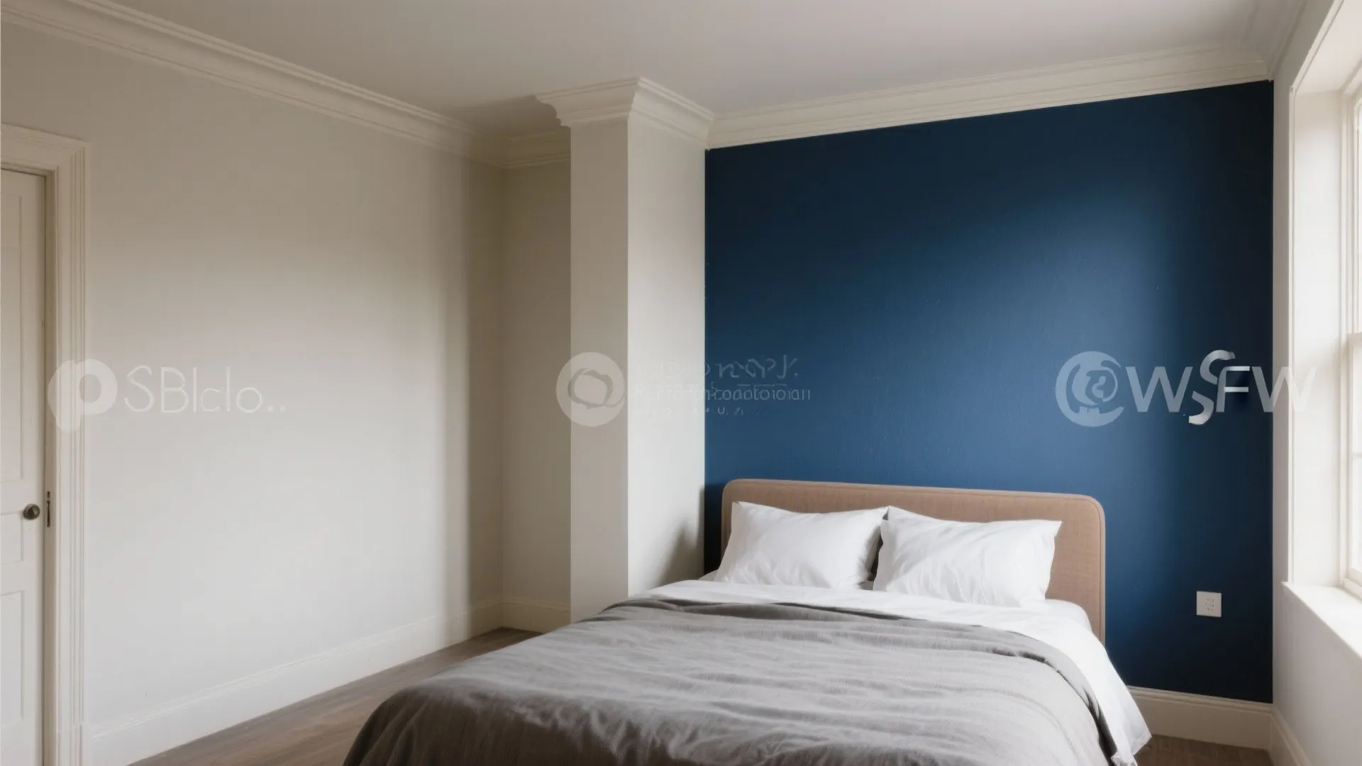 Small bedroom before and after adding an inky blue feature wall with off-white adjacent walls.