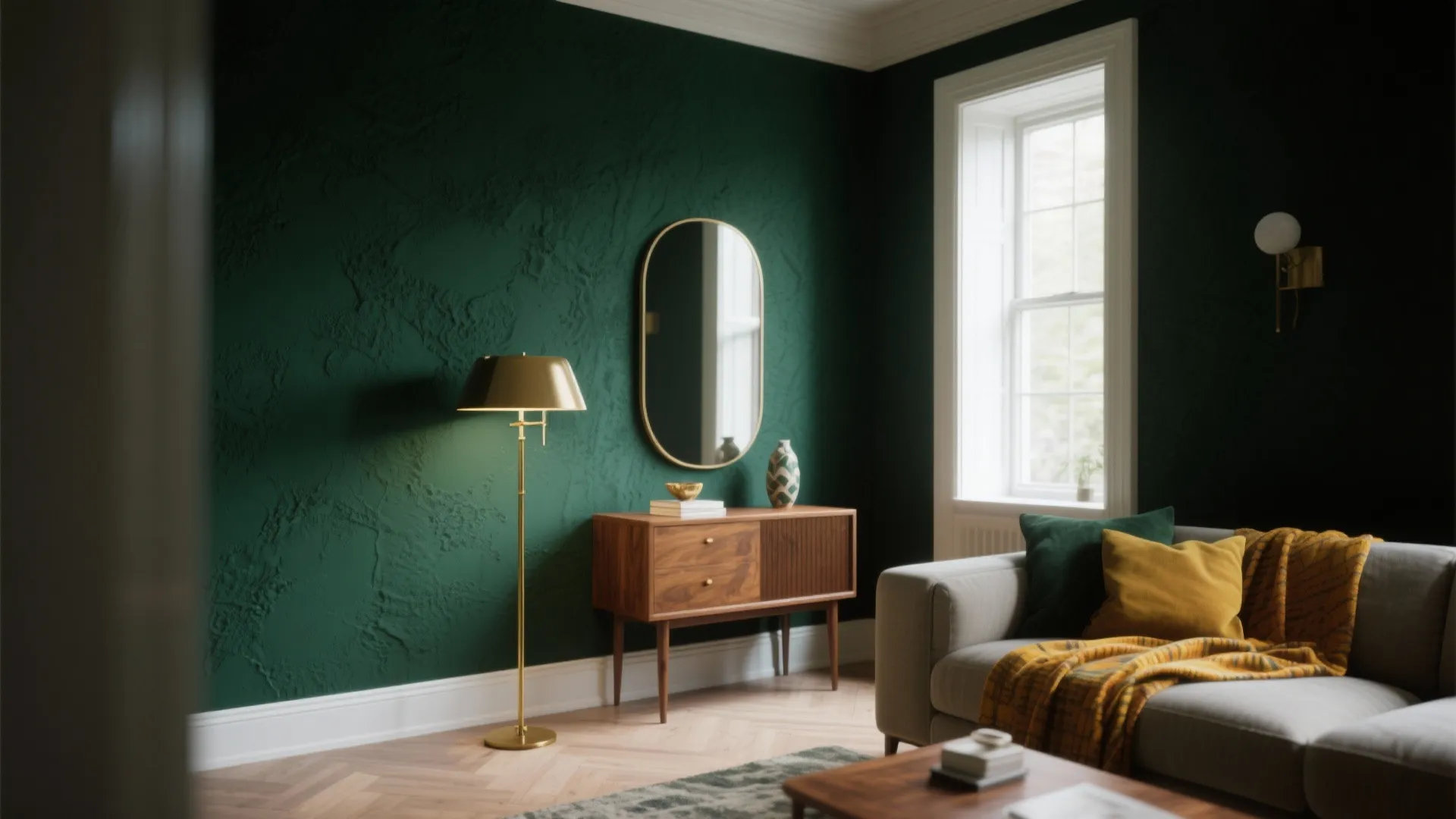 Small living room with a single deep green accent wall, warm wood and brass accents, and a mirror to reflect light.