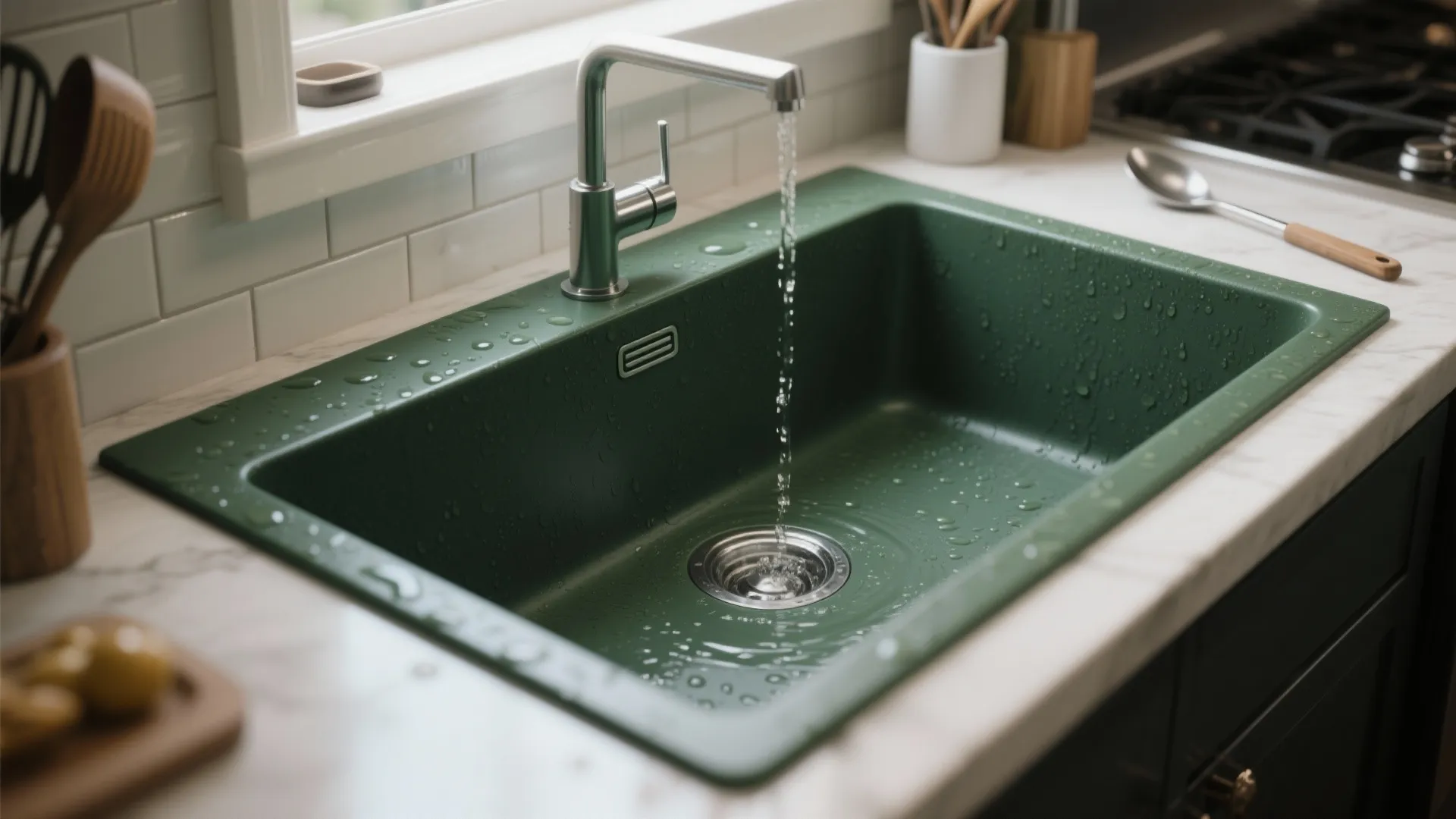 Modern dark green kitchen sink with running water from a silver faucet on marble countertop