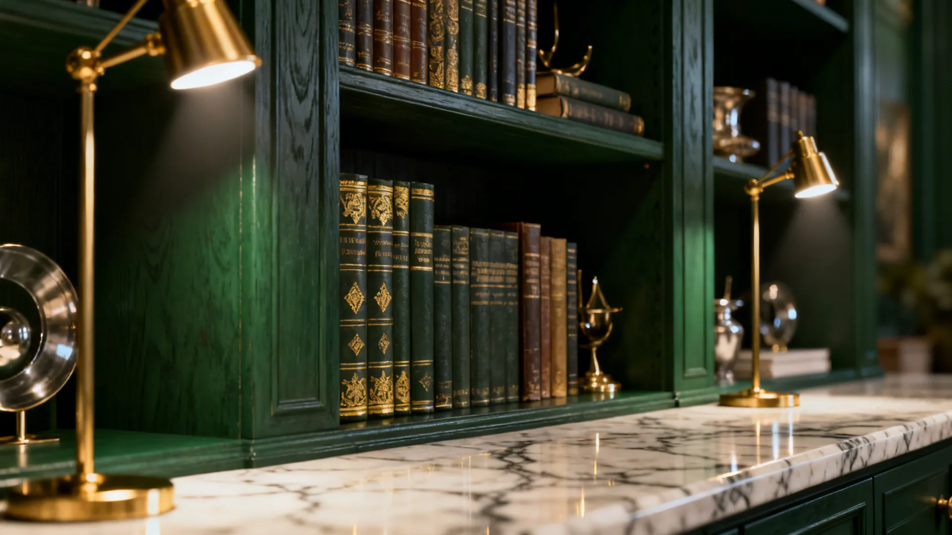 Deep forest green bookcase with books and gold accents illuminated by warm task lighting.