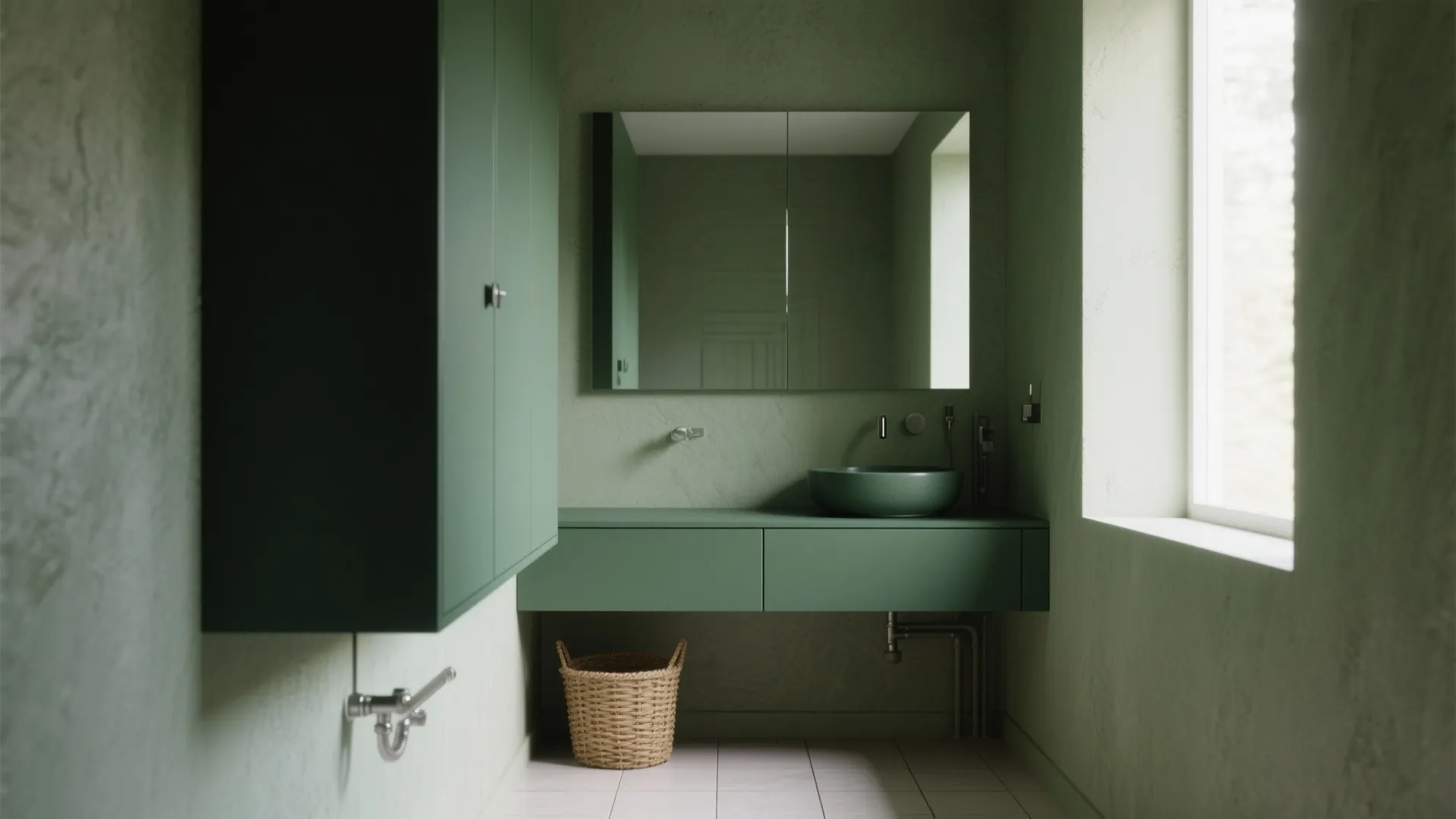 Modern bathroom with green walls floating cabinet round sink large mirror and woven storage basket