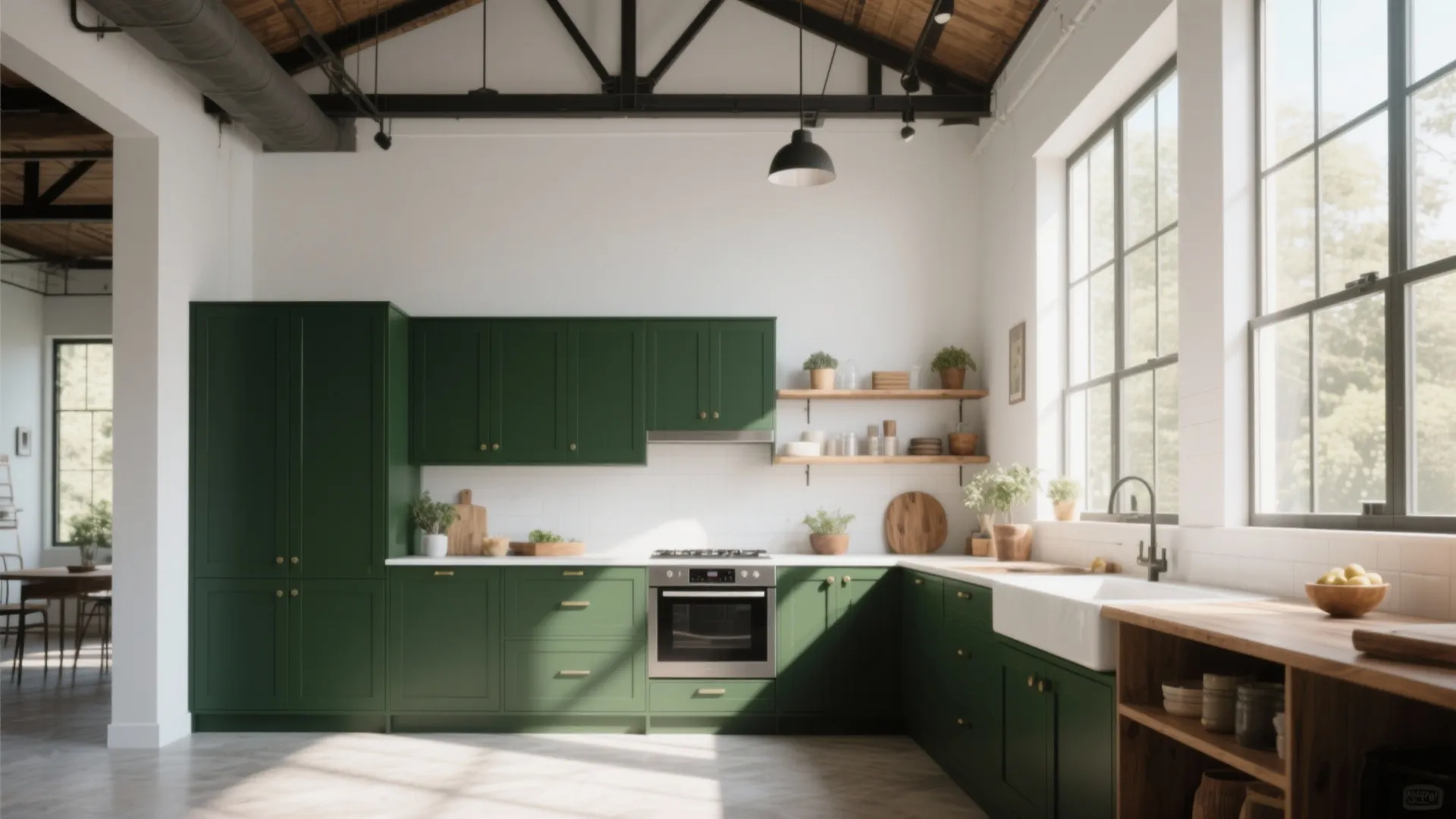 Industrial kitchen with forest green cabinets white tiled walls wooden counters and black ceiling lights