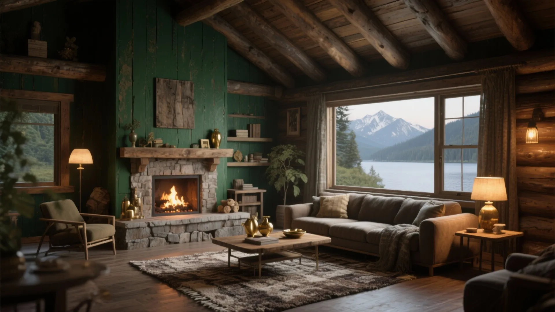 Rustic log cabin living room with green walls fireplace brown sofa and scenic mountain lake view