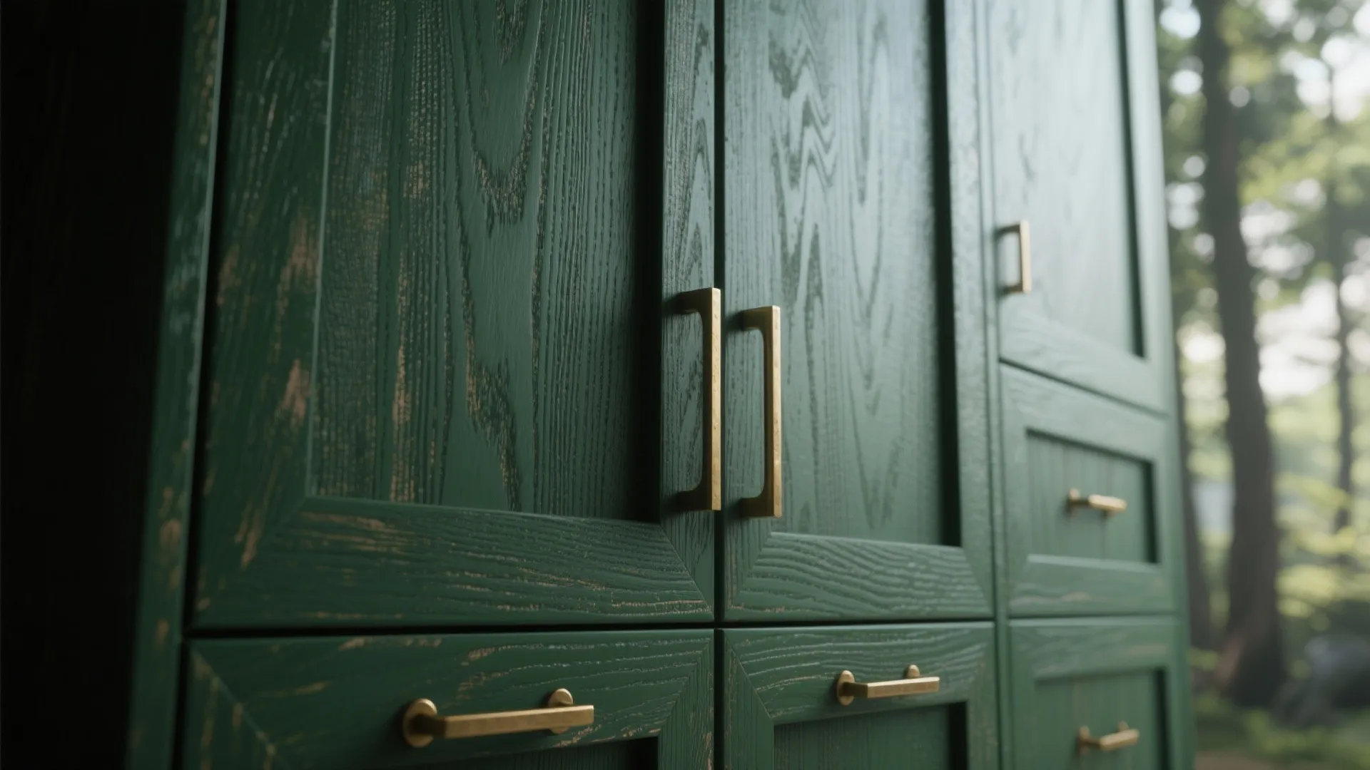 Close-up of deep forest green cabinetry with brushed brass hardware and visible wood texture.