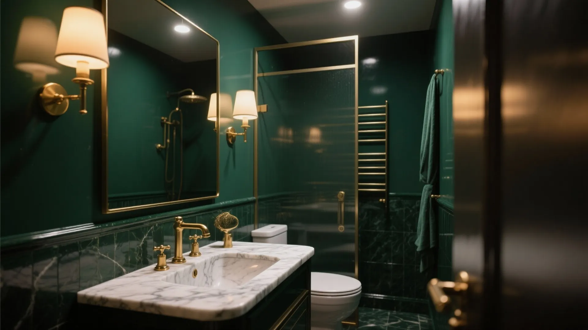 Luxury green bathroom featuring marble sink gold faucet large mirror wall light and glass shower door