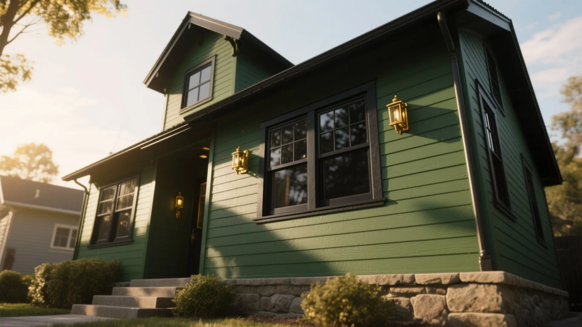Dark green house with black window frames, gold wall lights, stone base, and concrete steps