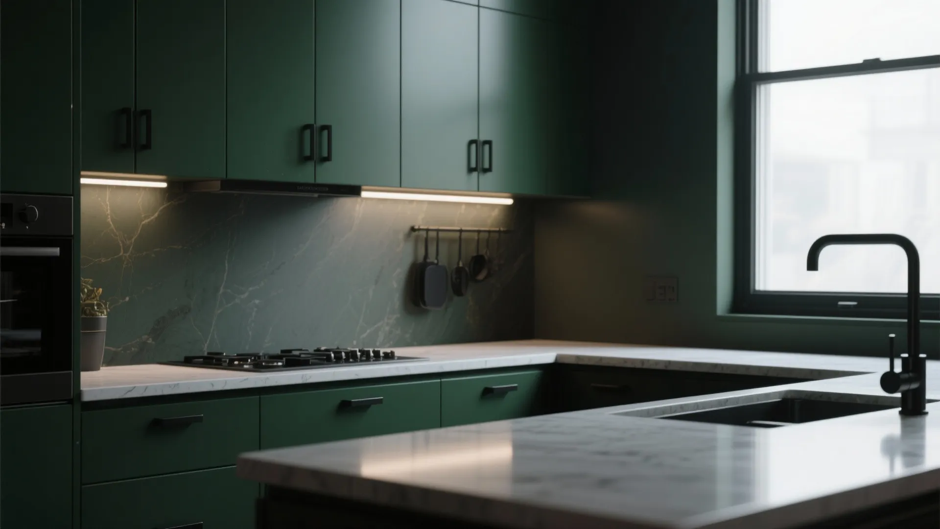 Kitchen with deep forest green cabinets and matte black hardware with bright countertop