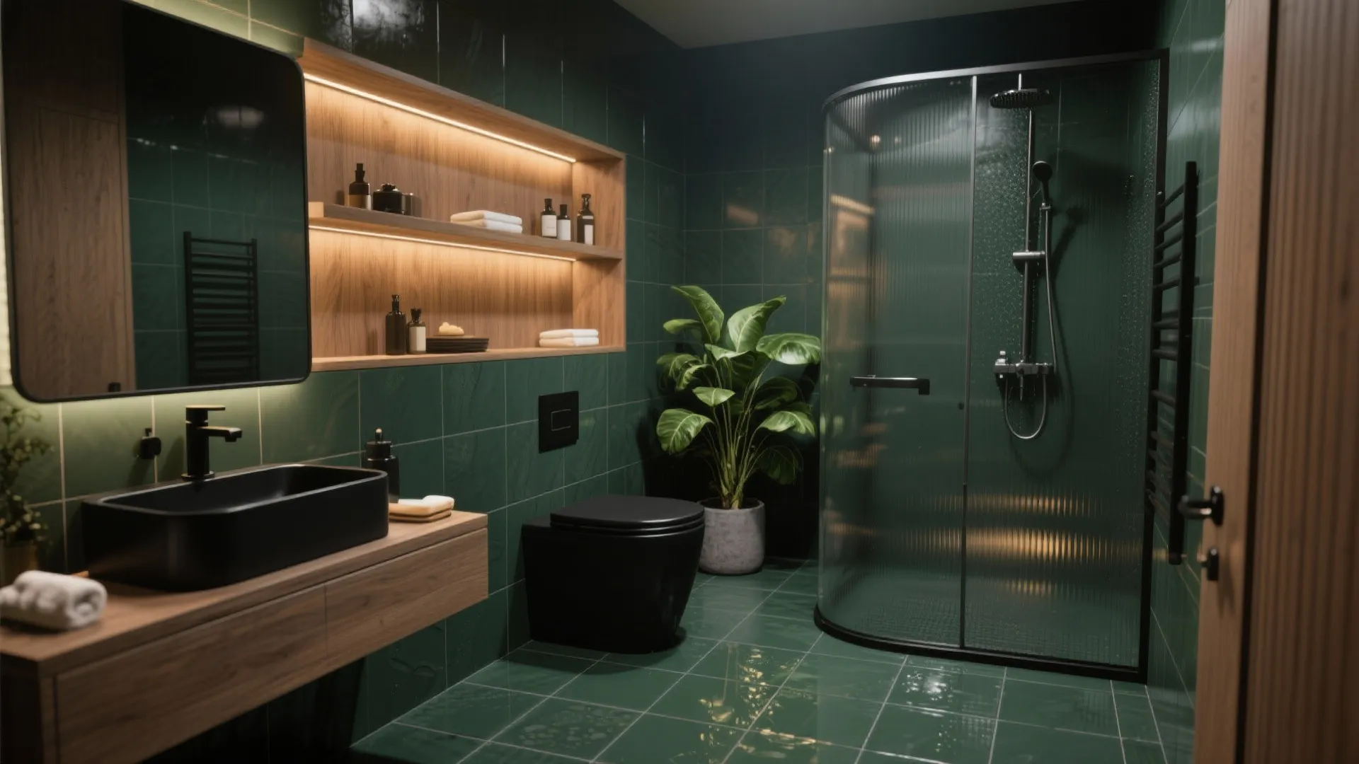 Dark green bathroom interior with black toilet, glass shower cabin, wooden shelves, and bright warm lighting