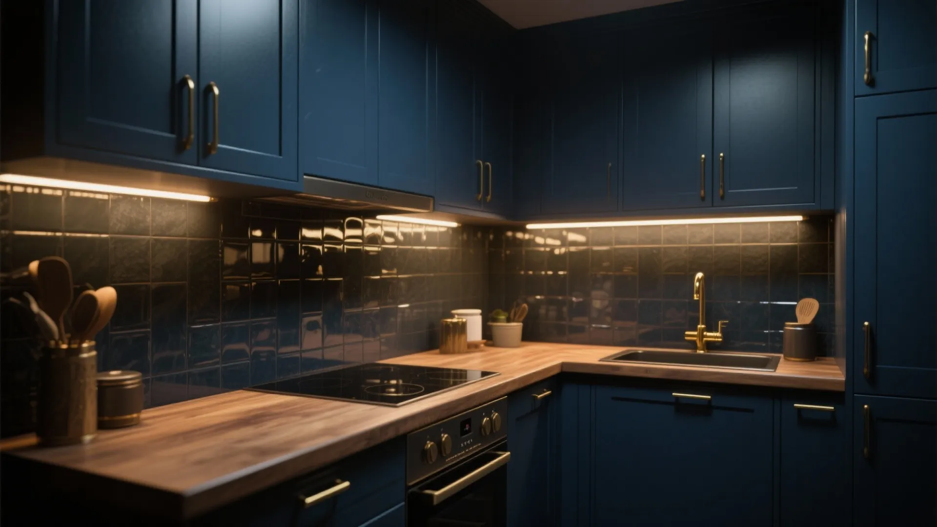 Modern kitchen with dark blue cabinets wood countertop black tile backsplash and warm under cabinet lighting