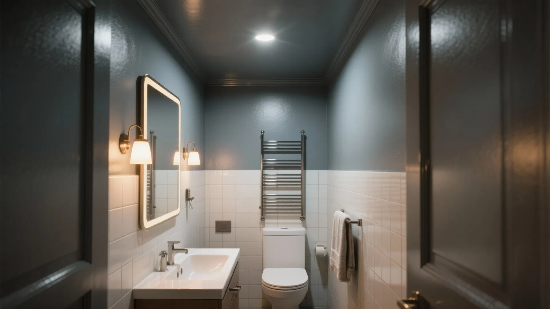 Modern small bathroom with grey walls white tiles sink mirror toilet and a wall light