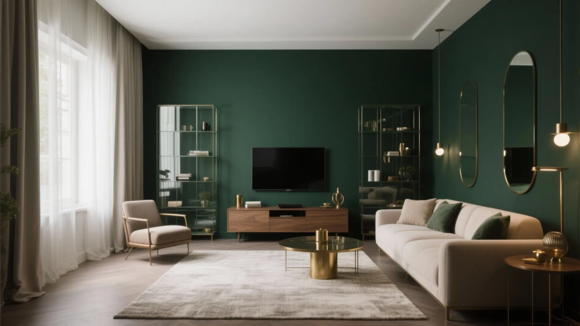 Elegant living room featuring deep green walls white sofa gold coffee table and glass display cabinets