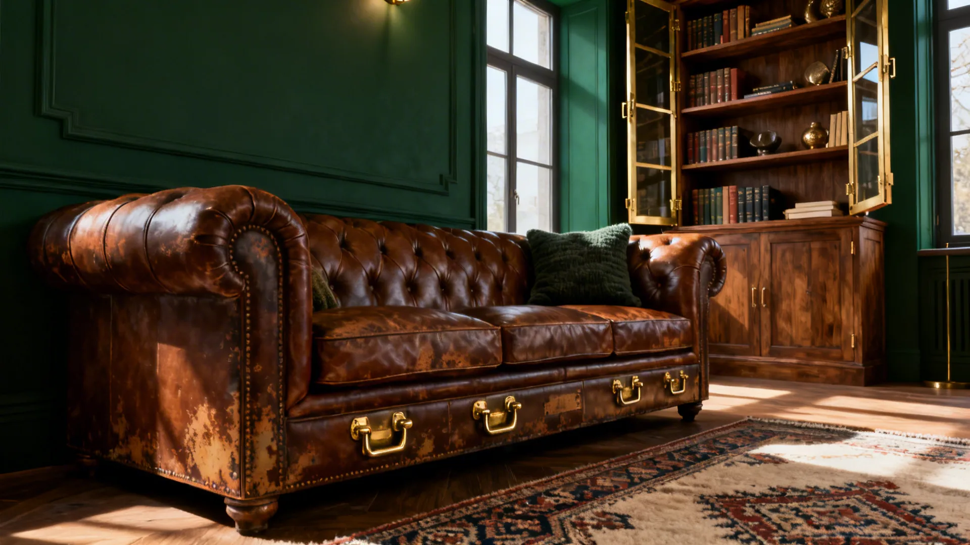 Brown leather sofa with a deep forest green accent wall and brass details