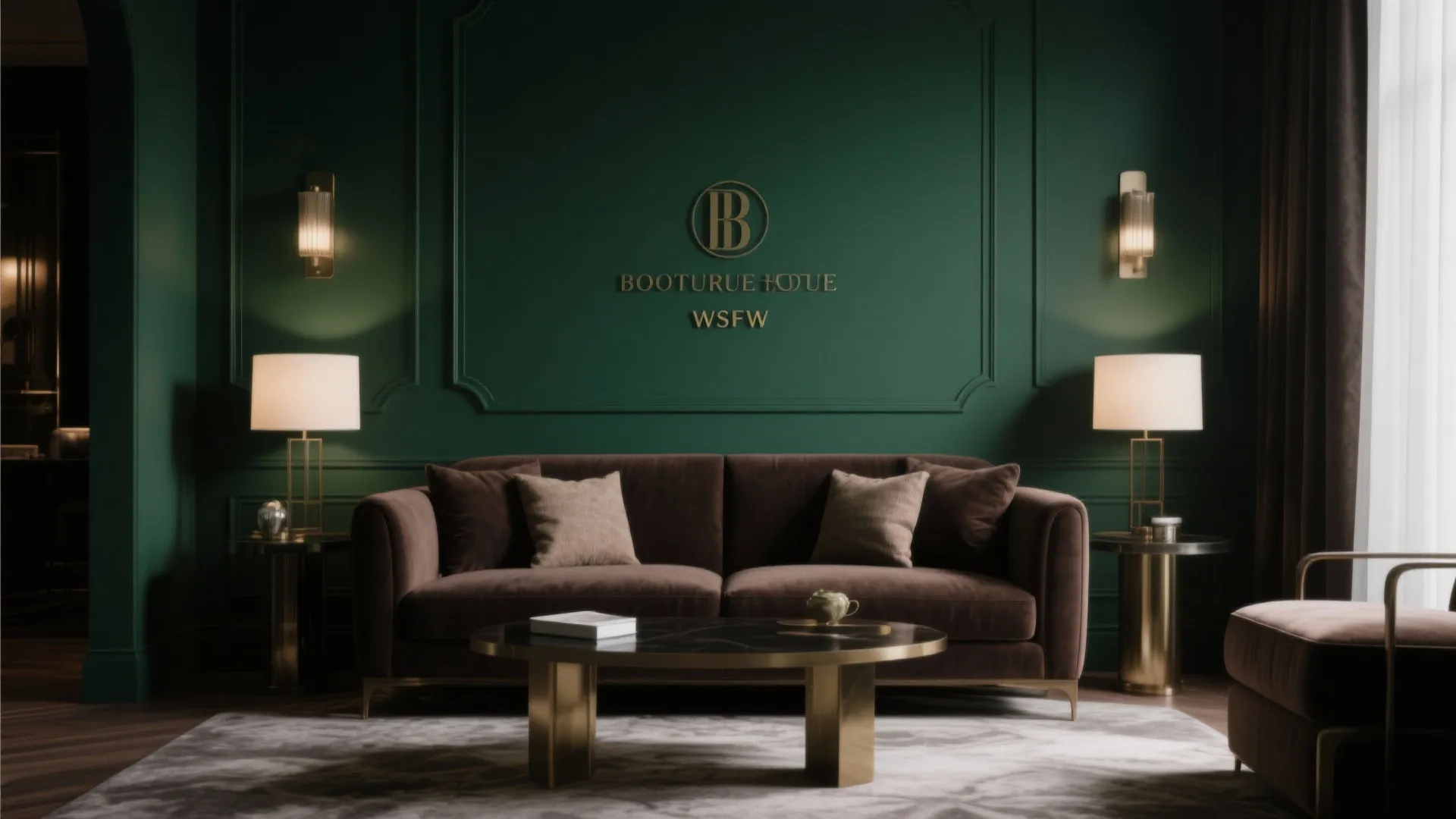 Dark brown sofa with deep green statement wall