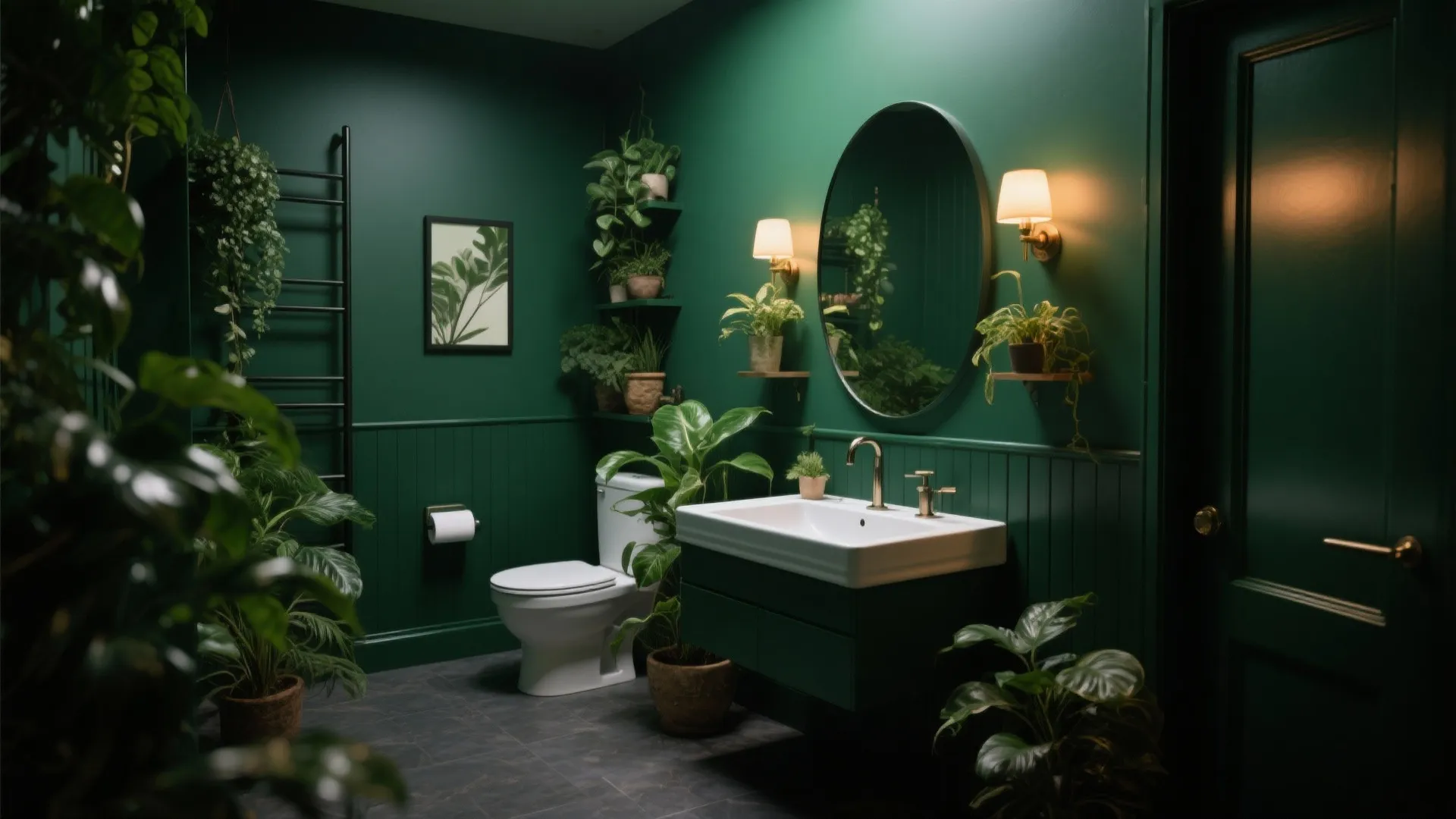 Dark green bathroom with round mirror many green plants white toilet and gold wall lights
