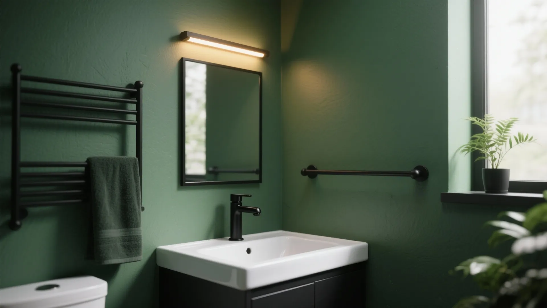 Vanity with deep green walls, matte black faucet and mirror frame under warm LED lighting.