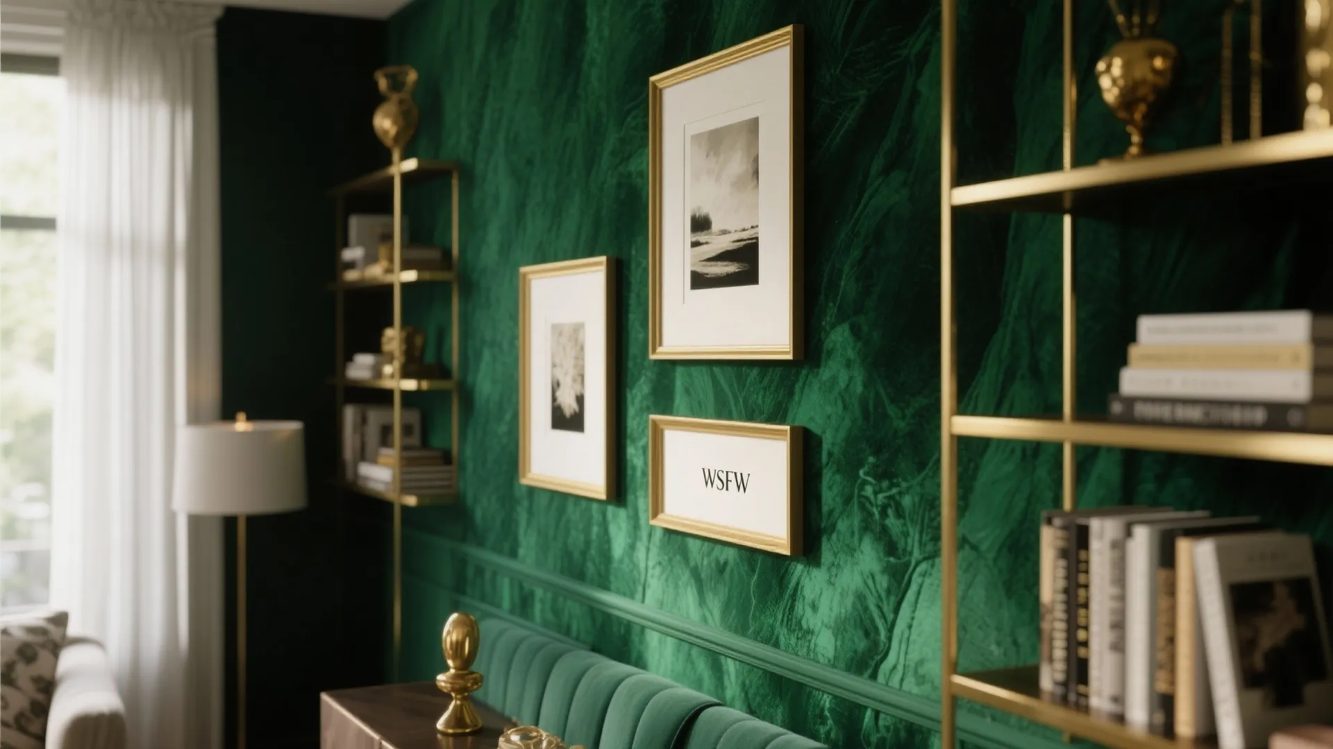 Luxury dark green wall with gold picture frames and gold metal shelves in elegant living room