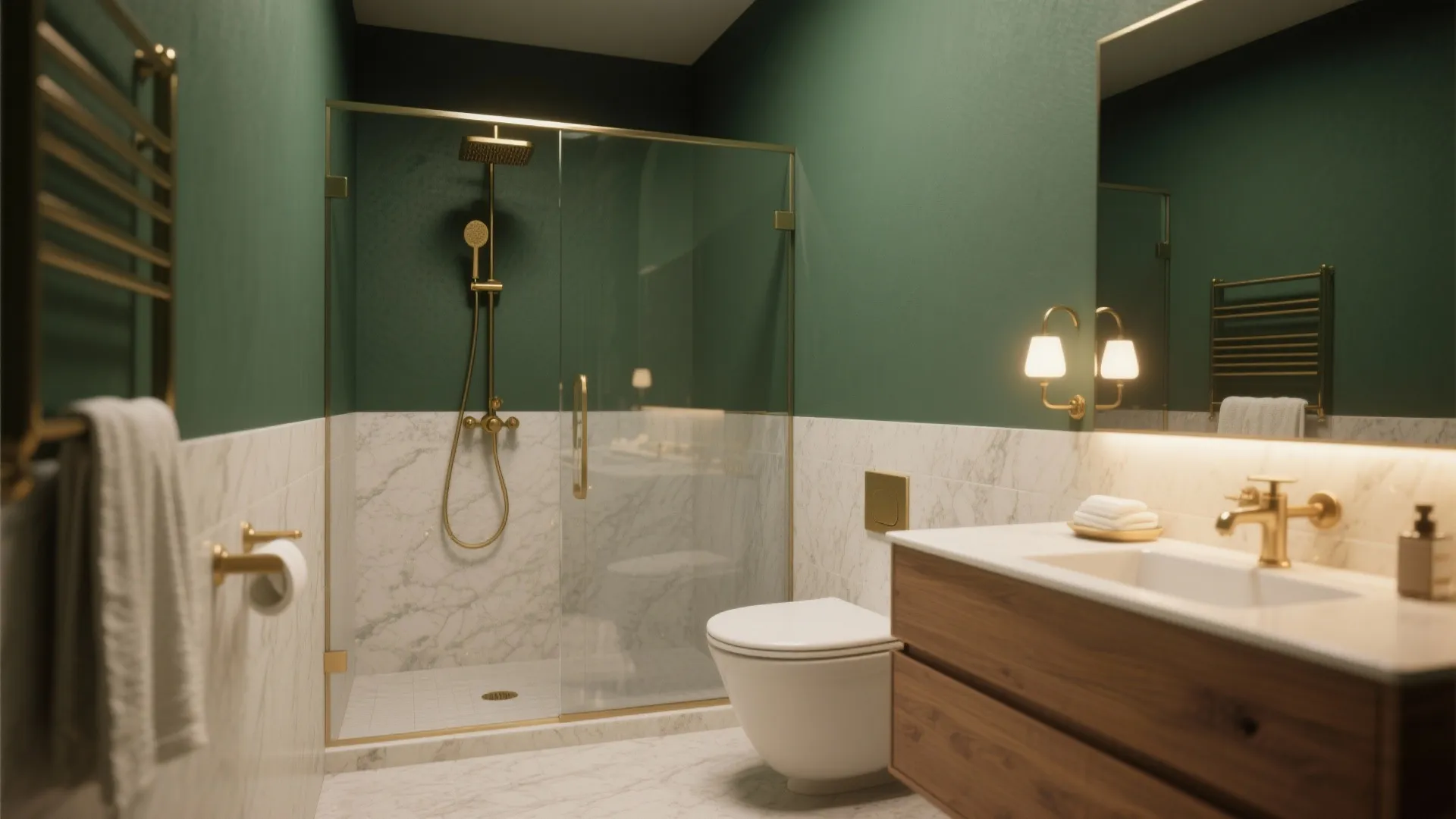Small bathroom with deep matte green upper walls, brass fixtures and wood vanity creating a spa-like mood.