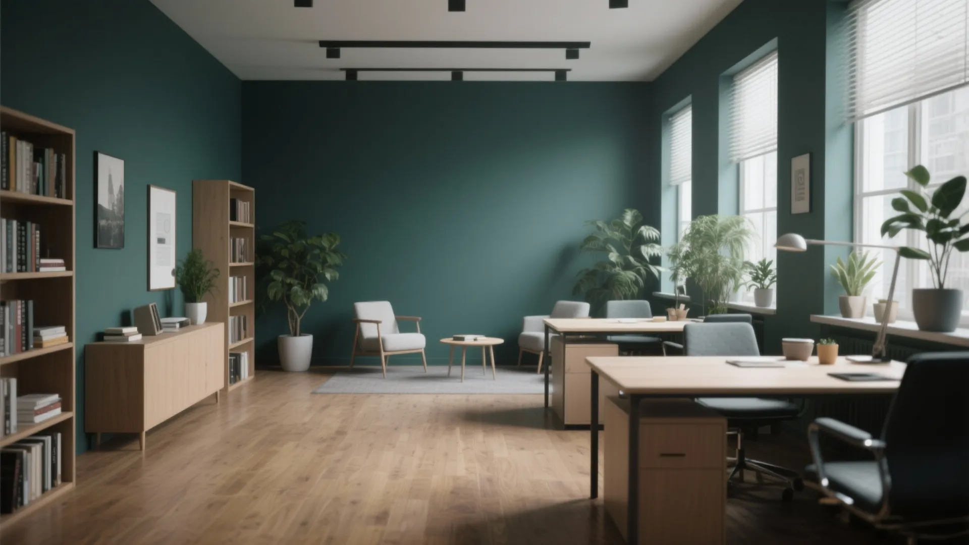 Spacious office with dark green walls wooden floor bookshelf desks chairs and green plants by windows
