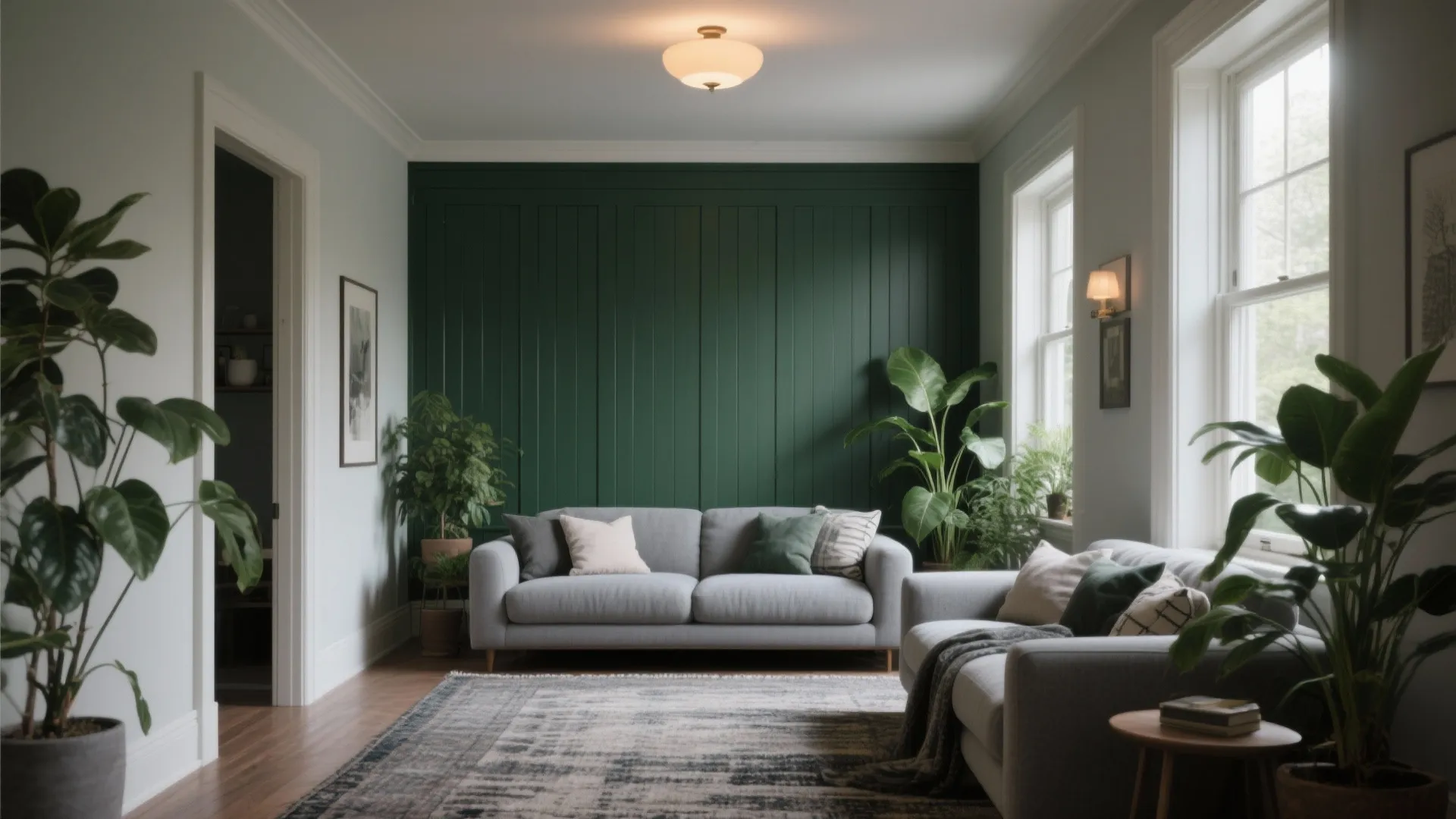 Narrow living room with deep green shaker panels and gray sofa, plants accenting contrast.