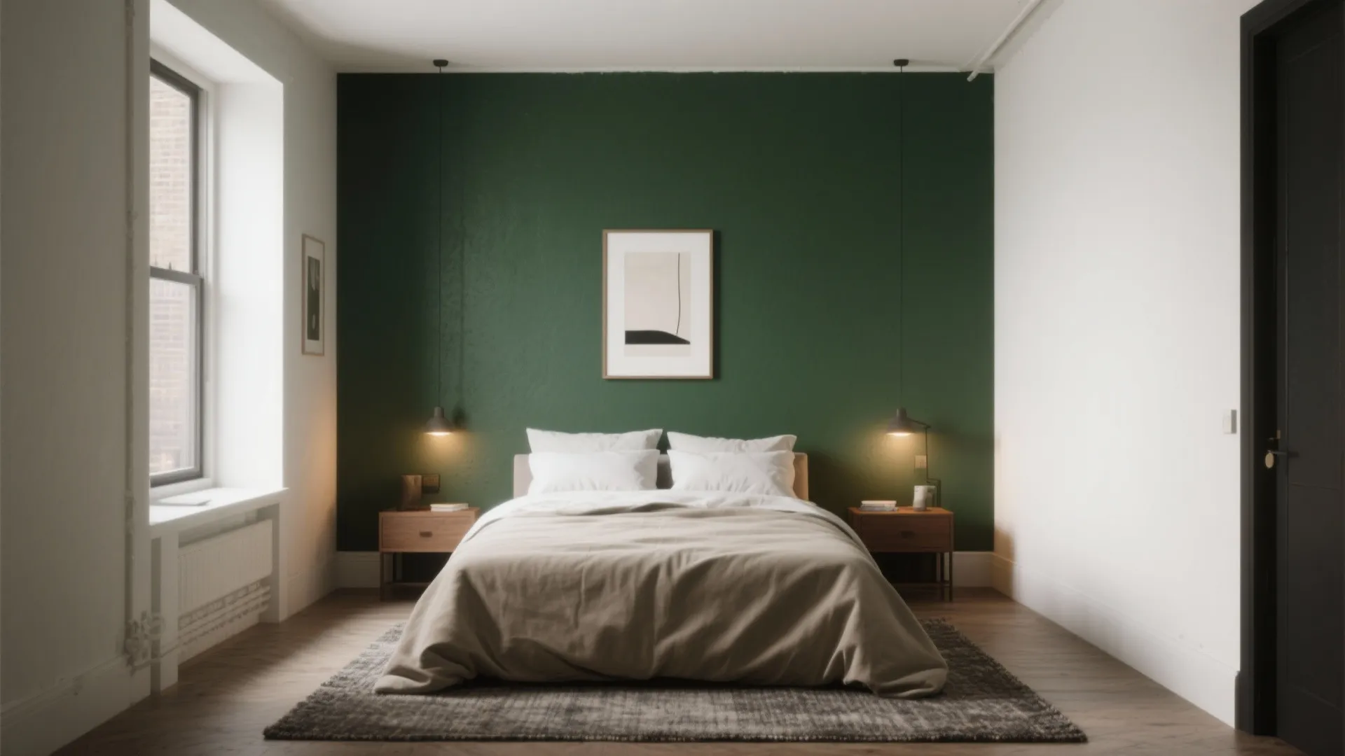Minimalist bedroom with dark green wall behind bed two wooden side tables and hanging lights