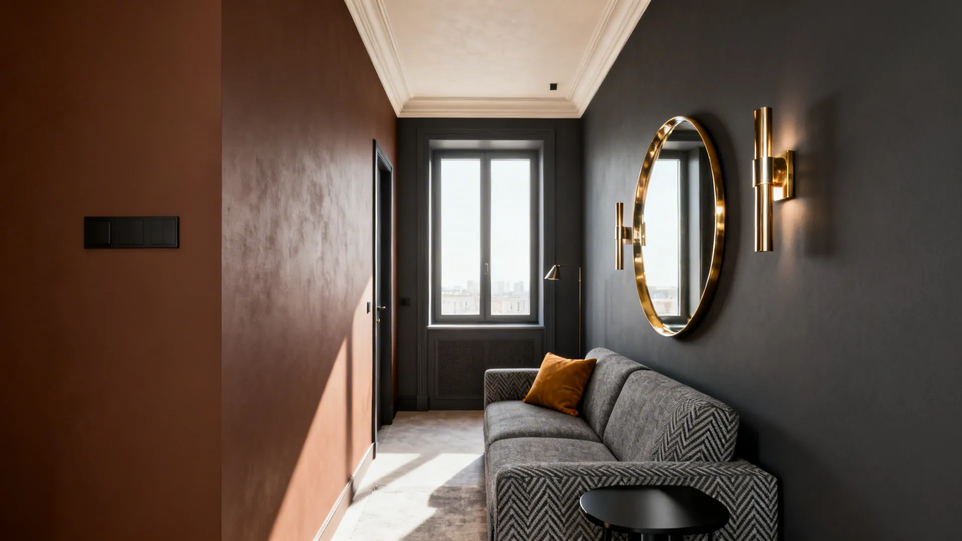 Long narrow room with brown wall dark grey wall round gold mirror and grey patterned sofa