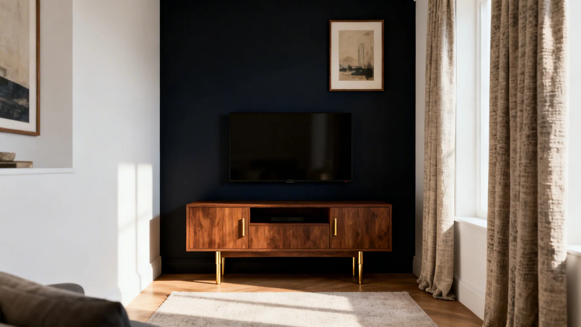 Compact living room with a deep ink accent wall, linen white walls, and warm wood accents.