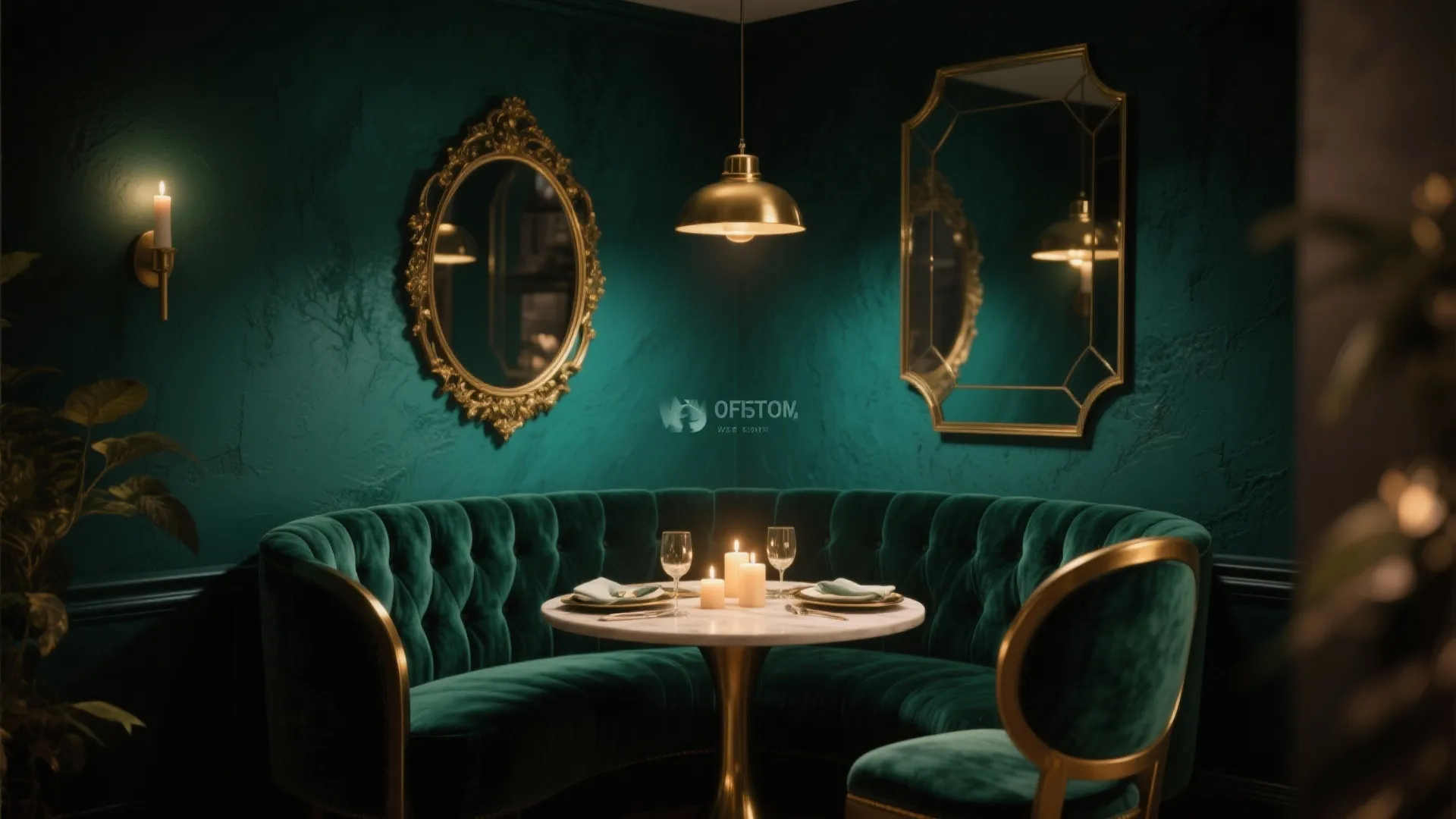 Green dining area featuring curved velvet sofa, marble table, candles, gold mirrors, and ceiling light