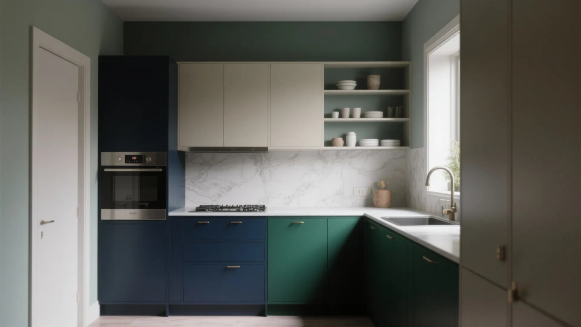 Modern kitchen with dark blue and green lower cabinets white upper cabinets and marble wall tiles