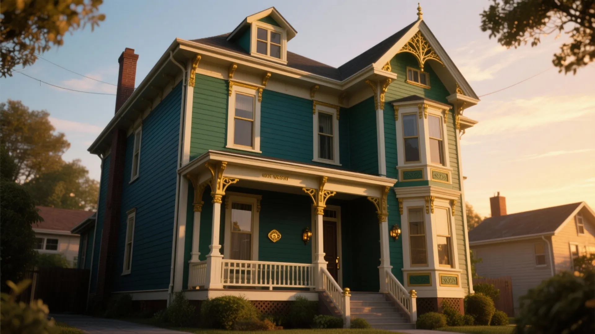 Two story house with teal blue siding and white porch columns under a clear sunset sky