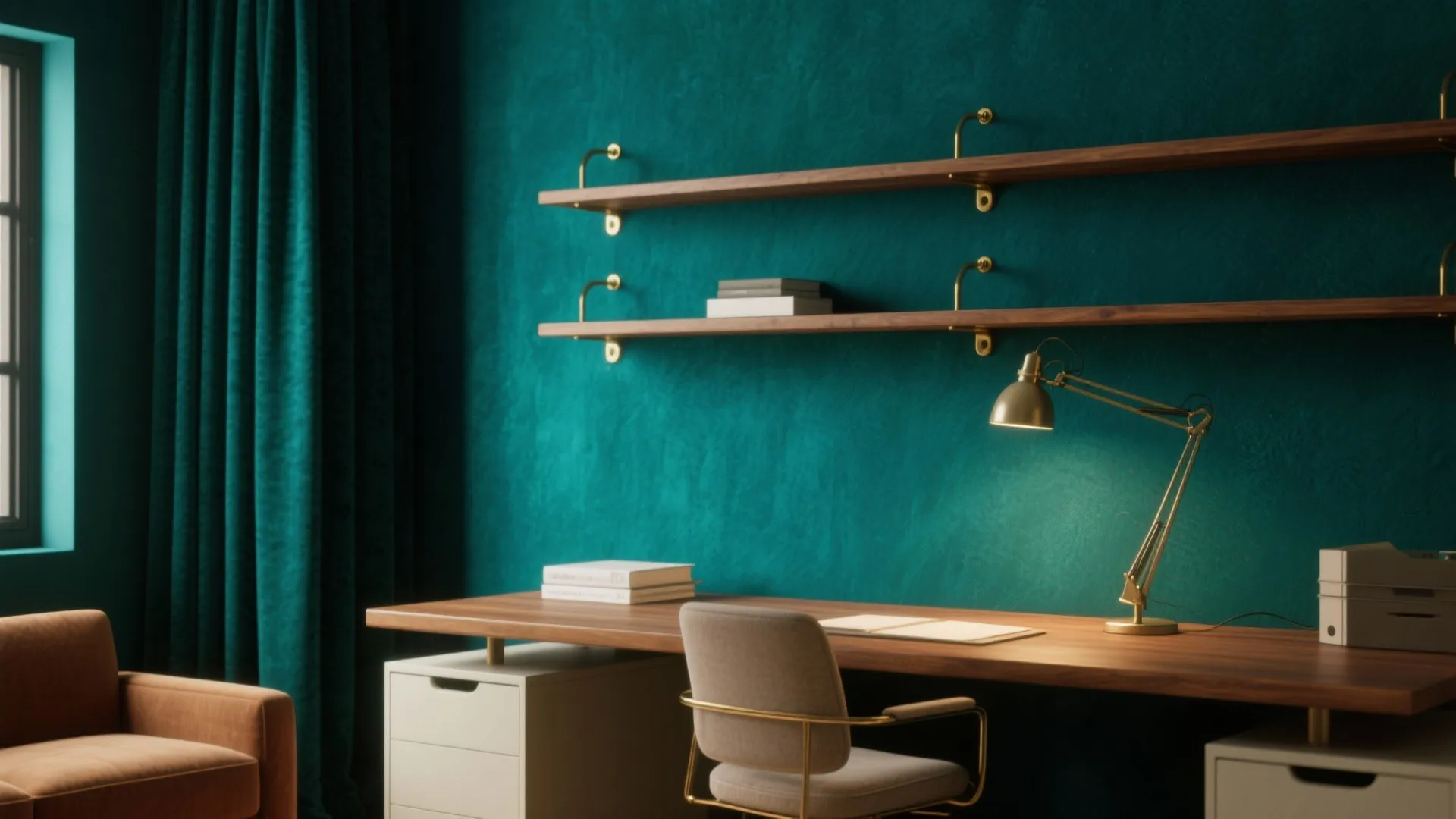 Dark teal wall with wooden desk gold desk light wall shelves and a comfortable chair