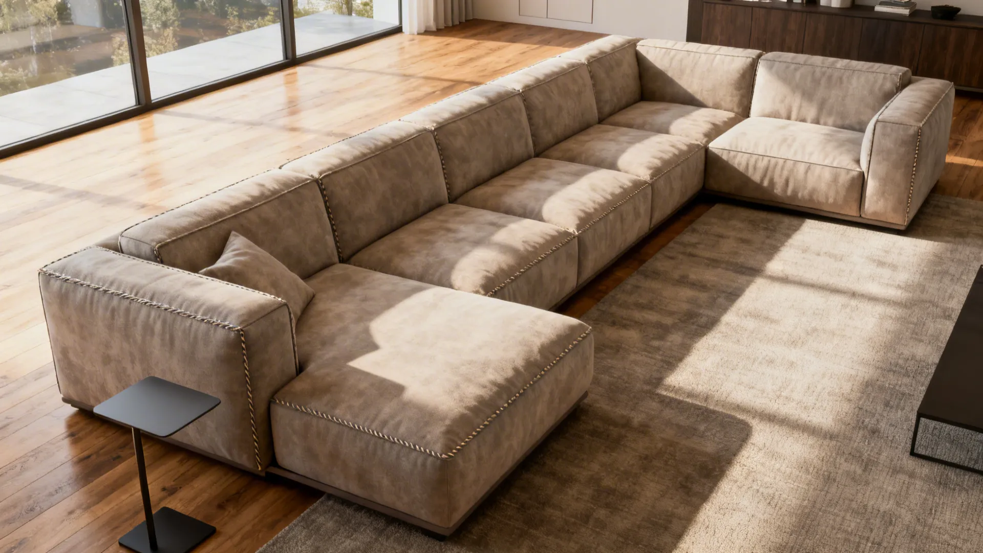 Deep, long sectional sofa with chaise extension providing extra legroom for tall people