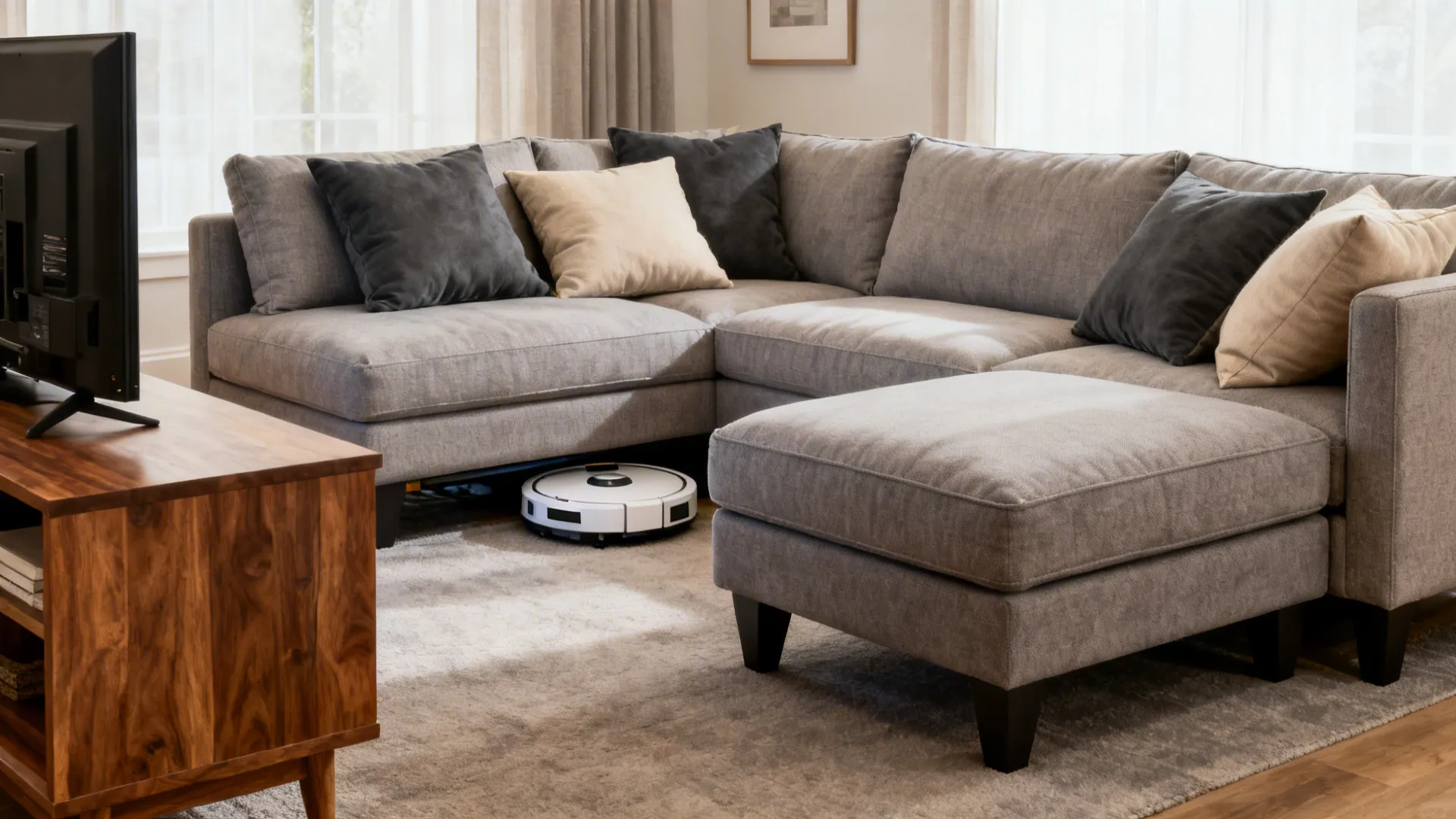 Deep-seat lounge sofa with layered pillows and ottoman in a cozy movie setup.