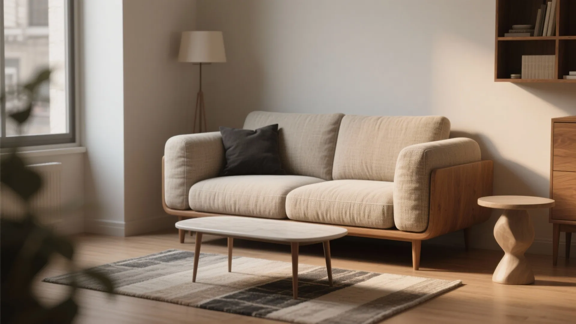 Compact deep-seat loveseat in a small living room with low-profile furniture and warm textures.