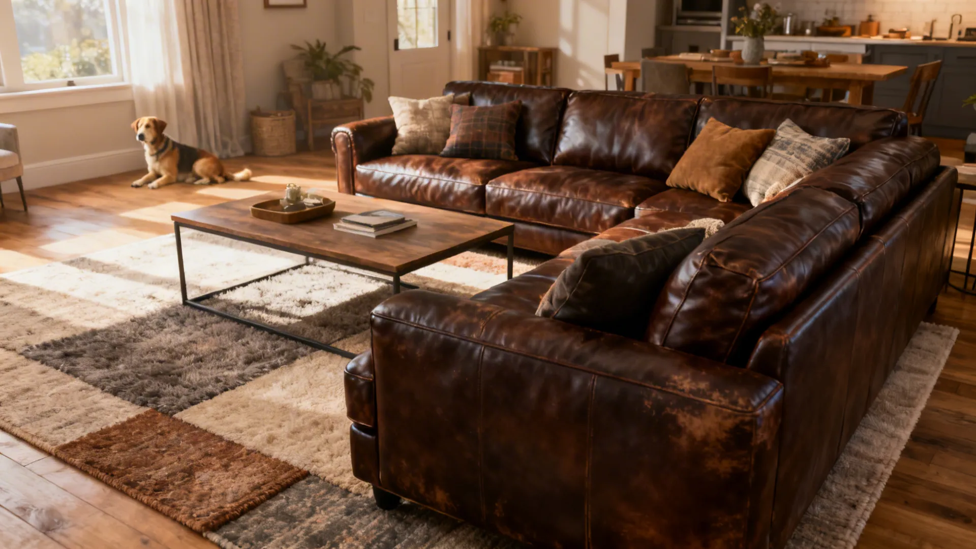 Deep low brown leather sectional in a cozy family room with a low coffee table and layered rugs.