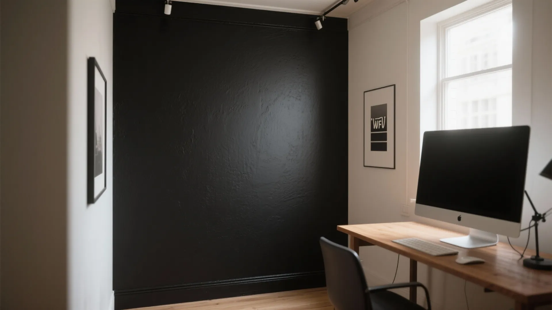 Small home workspace featuring a black feature wall wooden desk computer monitor and simple black chair
