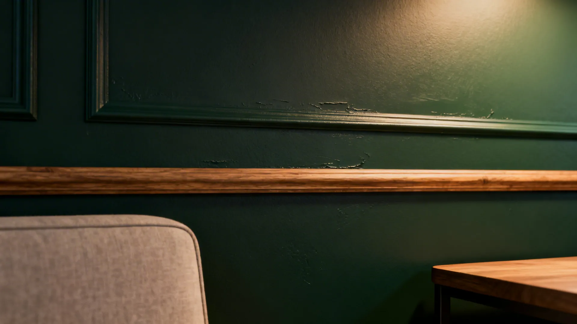 Close-up of a deep matte accent wall with natural wood trim and durable paint texture.